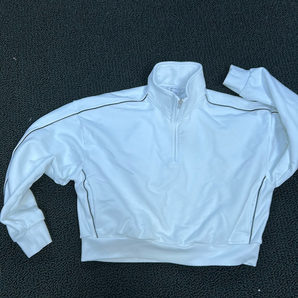 Forever fleece, half zip white with high hip black piping sweatshirt.